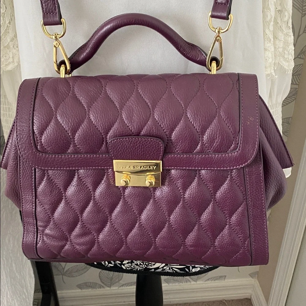 Vera Bradley Quilted Leather Stella Satchel in Aubergine with gold-tone hardware